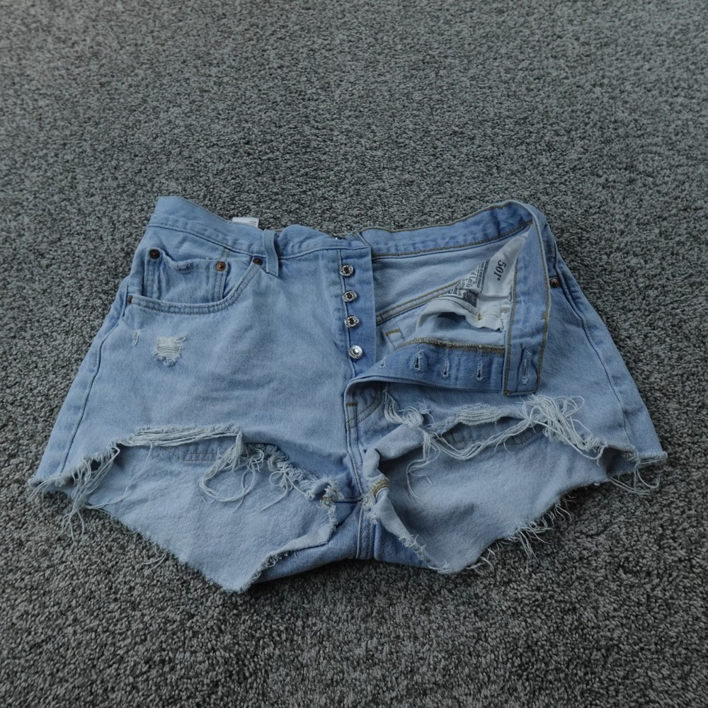 Levis Shorts Womens 32 Light Blue Denim‎ Jean 501 Button Fly Cut Off Fray Micro